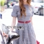 พร้อมส่ง เดรสยาวสีเทาพร้อมเข็มขัดสีแดง