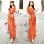 พร้อมส่ง เดรสยาวผ้าชีฟองพริ้วๆ พิมพ์ลายหยักแนวขวาง