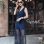 เสื้อผ้าเกาหลี พร้อมส่ง จั๊มสูท ลูกไม้สีกรมแขนกุด