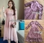 เดรสเกาหลี พร้อมส่ง เดรสยาว ผ้าชีฟองตกแต่งลายสีทอง