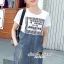 ชุดเดรสเกาหลี พร้อมส่ง เดรสสั้น เนื้อผ้ายืดสกรีนลายอักษร