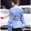 เสื้อเกาหลี พร้อมส่ง เสื้อลายทาง สีน้ำเงินจับเดรป