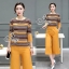 พร้อมส่ง เสื้อลายขวางอัดย่นโทนสีเหลืองไล่สีครีมน้ำตาล
