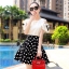 พร้อมส่ง เสื้อดีไซน์เว้าไหล่ผูกโบว์ที่แขน กระโปรงลายจุดขาวดำ