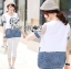 พร้อมส่ง ทีเชิ้ตผ้ายืดตกแต่งผ้าเดนิมพิมพ์ลายมาริลิน