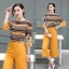 พร้อมส่ง เสื้อลายขวางอัดย่นโทนสีเหลืองไล่สีครีมน้ำตาล
