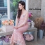 ชุดเดรสเกาหลี พร้อมส่ง Maxi Dress ผ้าไหมแต่งลูกไม้