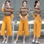พร้อมส่ง เสื้อลายขวางอัดย่นโทนสีเหลืองไล่สีครีมน้ำตาล