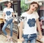 พร้อมส่ง เซ็ตเสื้อยืดสีขาวประดับตกแต่งดอกคามิลเลีย