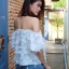 เสื้อเกาหลี พร้อมส่ง เสื้อพู่ใส่เปิดไหล่ขอบยางยืด