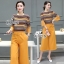 พร้อมส่ง เสื้อลายขวางอัดย่นโทนสีเหลืองไล่สีครีมน้ำตาล