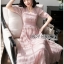 เดรสเกาหลี พร้อมส่ง ชุดเดรส สีชมพูแขนสั้นจับสม็อค