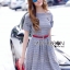 พร้อมส่ง เดรสยาวสีเทาพร้อมเข็มขัดสีแดง