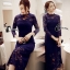 พร้อมส่ง long dress ลูกไม้น้ำเงินเข้ม แขนยาว