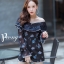 เสื้อผ้าเกาหลี พร้อมส่ง จั๊มสุท แขนยาวพิมพ์ลายแต่งลูกไม้