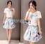พร้อมส่ง เซ็ตเสื้อคอกลมและกระโปรงสีฟ้าลายดอกไม้