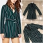 เสื้อผ้าเกาหลี พร้อมส่ง jumpsuit ขาสั้น ลายริ้วเขียว