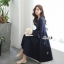 เดรสเกาหลี พร้อมส่ง เดรสสีกรมแขนระบายผูกโบว์