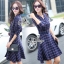พร้อมส่ง เดรสสั้นลายสก๊อตโทนสีน้ำเงินตัดเส้นขาวแดง