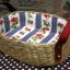 ชิ้นงานดิบ ผักตบชวา ทำ Decoupage งานเพนท์ ตระกร้าทรงรีเตี้ยหูหนัง บุผ้าวินเทจตีตาราง โทนสีน้ำเงินลายสตอเบอร์รี่