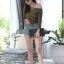 เสื้อเกาหลี พร้อมส่ง เสื้อปาดไหล่ ผ้าวิ้งกลิตเตอร์นิ่มยืด
