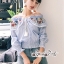 เสื้อเกาหลี พร้อมส่ง เสื้อ คอตตอนพิมพ์ลายริ้วคลาสสิค