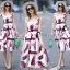พร้อมส่ง long dress สีขาวตัดกับลายสีแดงเข้มออกม่วง