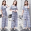 เสื้อผ้าเกาหลี พร้อมส่ง จั้มสูท ทรงแขนสั้นคอVโทนสีฟ้า
