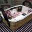 ชิ้นงานดิบผักตบชวา ทำ Decoupage งานเพนท์ ตระกร้าทรงผืนผ้าเตี้ยหูหนัง บุผ้าวินเทจตีตาราง ติดลูกไม้วินเทจ โทนสีน้ำตาล