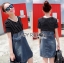 พร้อมส่ง เดรสเสื้อยืดลายขวางสีดำตัดต่อกระโปรงผ้าเดนิม