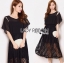 พร้อมส่ง เดรสผ้าชีฟองคัทเอาท์ไหล่ตัดต่อผ้าลูกไม้