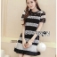 พร้อมส่ง เดรสผ้าลูกไม้สีขาว-ดำลายขวาง