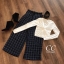 เสื้อผ้าเกาหลี พร้อมส่ง Set กางเกงเอวสูง ลายริ้ว