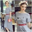 พร้อมส่ง เดรสยาวสีเทาพร้อมเข็มขัดสีแดง