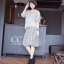 เสื้อผ้าเกาหลี พร้อมส่ง เสื้อไหมพรมกับกระโปรงลายตาราง