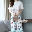 เสื้อผ้าเกาหลี พร้อมส่ง เสื้อ กางเกง ผ้าคอตตอนทอลายใบไม้