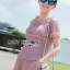 พร้อมส่ง เซ็ตเสื้อและกางเกงผ้าชีฟองจับพลีตสีชมพู